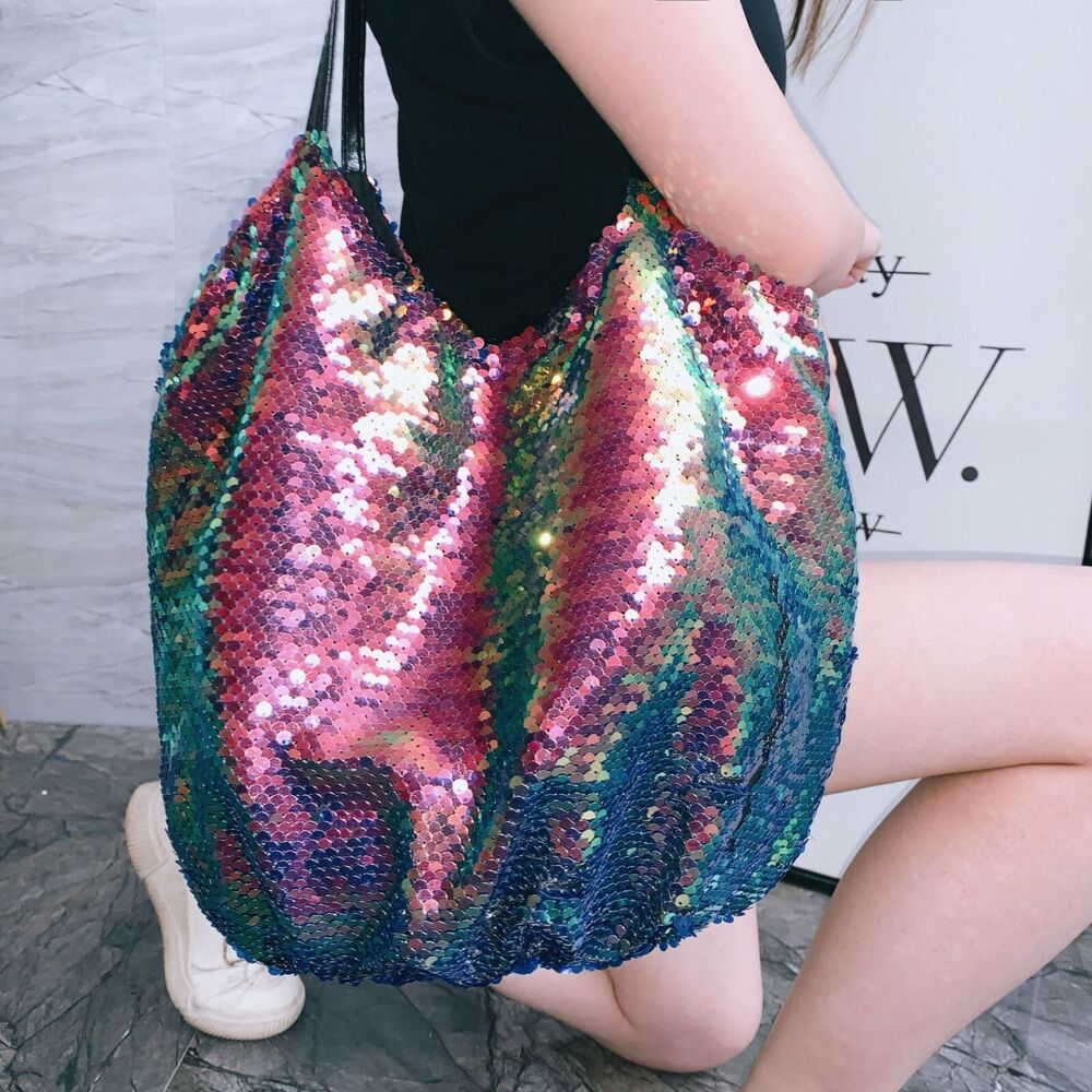 Women Shoulder Bag Large Capacity Sequin Diagonal Soft Handbag Polyester 22x26cm