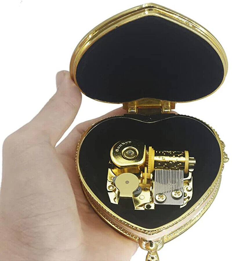 Music Box Emboss Alloy Metal Heart Shape Wind Up Movement Clockwork 10x9.8x5.6cm