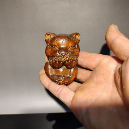 Chinese Boxwood Wooden Statue Statuette Animal cute Tiger home decor sculpture