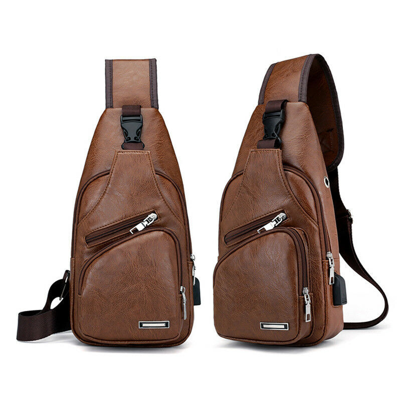 New Men's Leather Sling Pack Chest Shoulder Crossbody Bag Backpack Biker Satchel