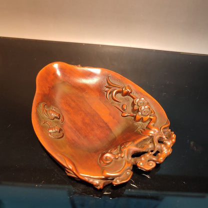 Old Beijing Boxwood Carved Flower Statue Writing-Brush Washer Cleaner Bat Gift