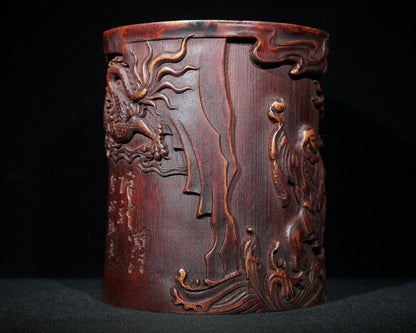 6" chinese carved brush pot pots dragon statue antique wood carving buddha Arhat