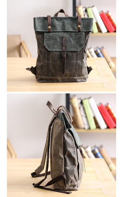 Water Resisant Vintage Waxed Canvas Backpack Fold-Over Satchel 14" Laptop Bag