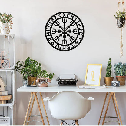 Metal Wall Art, Metal Viking Decor, Nordic Mythology Vegvisir Runes and Symbols