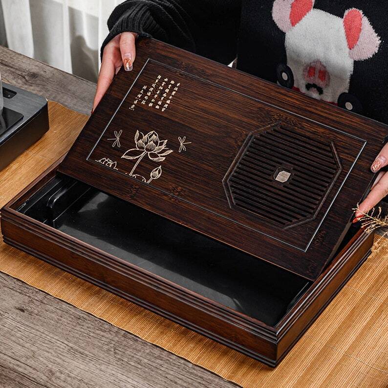 Solid Wood Lotus Tea Tray Water Storage Style|Tea Accessories