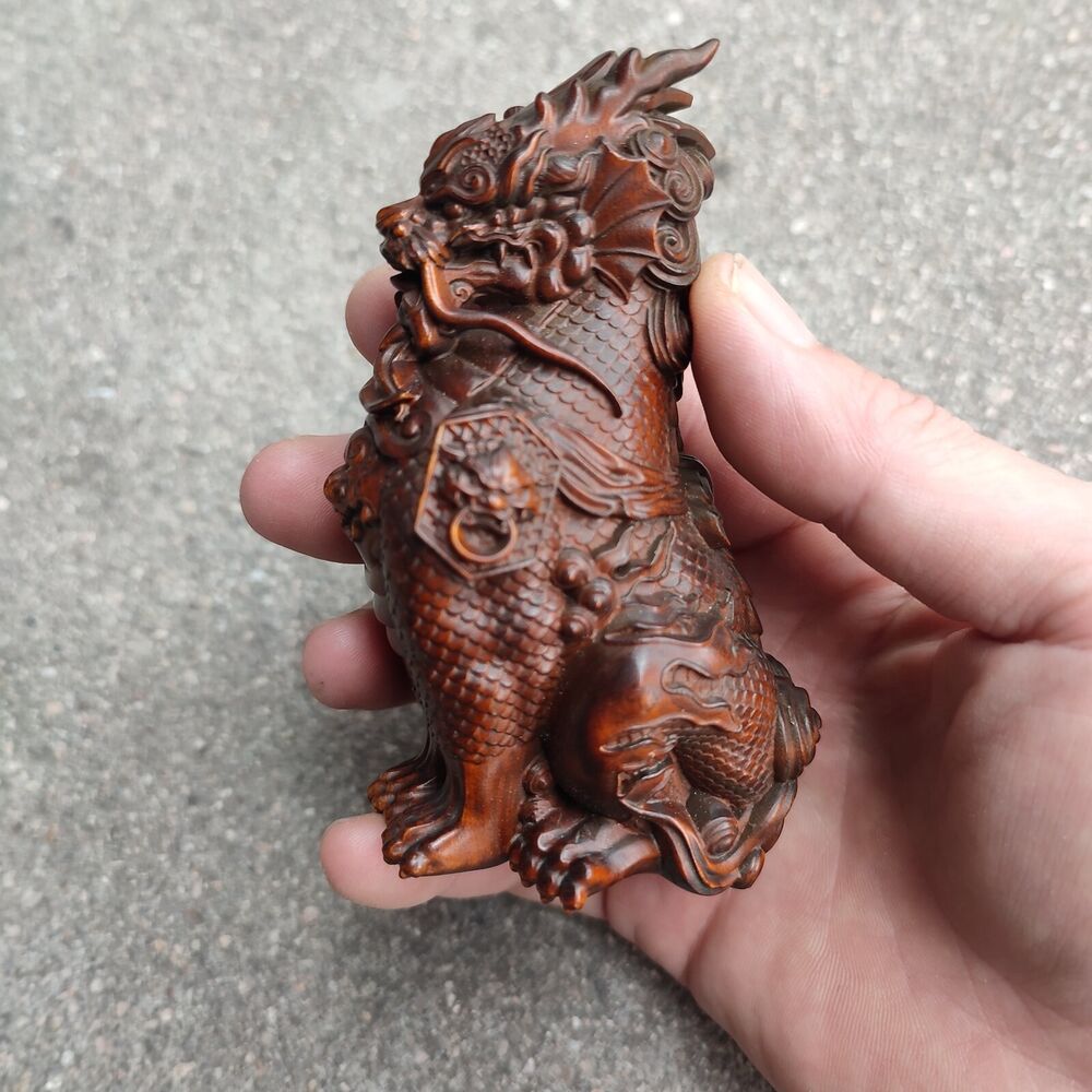 A Pair Of Chinese Dragon Statue Loong Seraphim Kylin Unicorn Lung Sculpture Wood