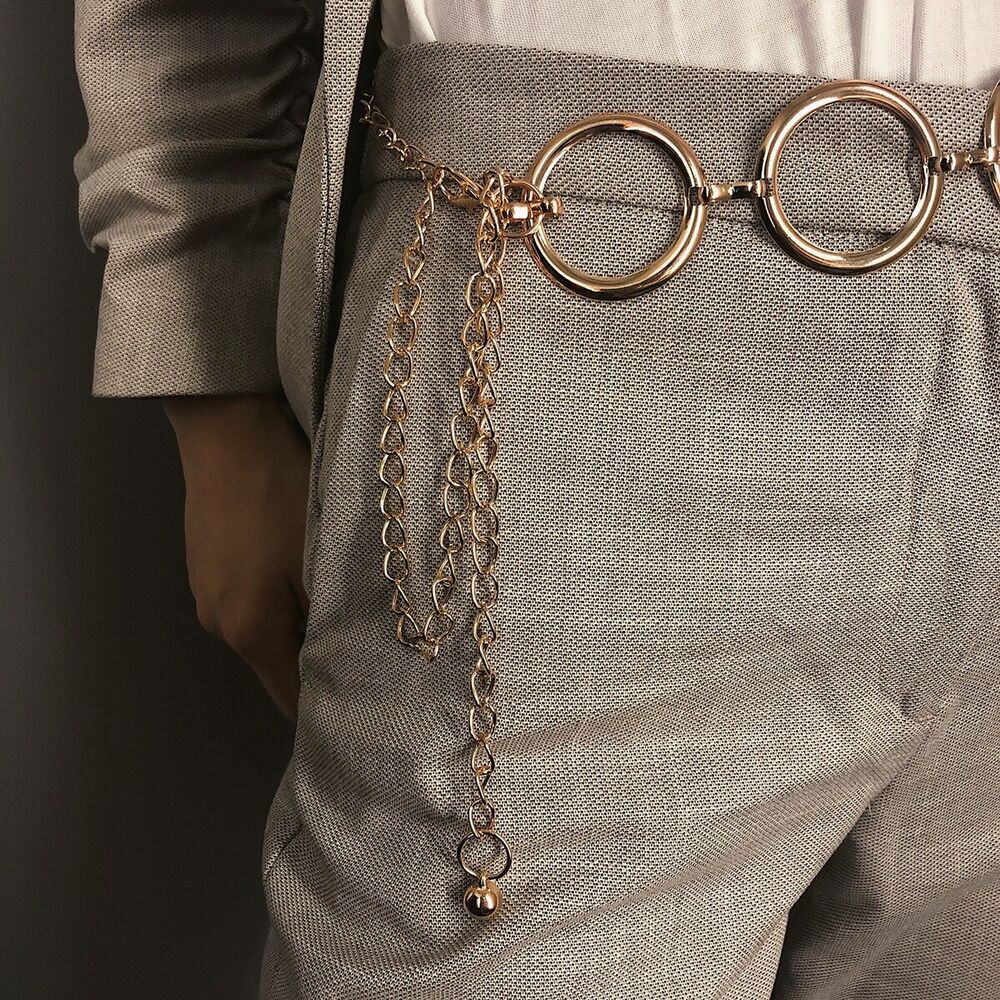 Women Chain Belts Fashion Luxury Metal Rings Dress Decorative Waist Straps 115cm