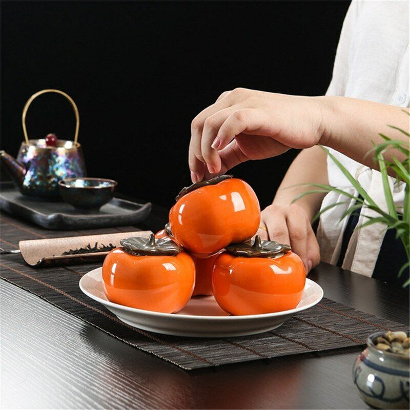 Ceramic Persimmon Tea Canister Coffee Box Caddy Storage Sealed Jar Cans Tea Set
