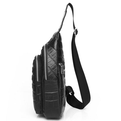Black Real Leather Sling Backpack, Men's Crossbody Chest Bag Crocodile Print