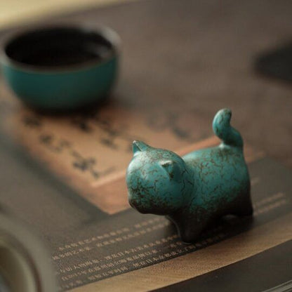 Tea Pet Cute Cat Dark Green Lucky Cat Tea Decorative Figurine