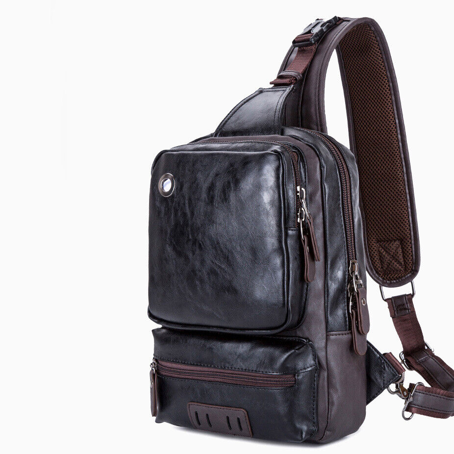 Men's Sling Backpack PU Leather Large Capacity Cross Body Bag Chest Shoulder Bag