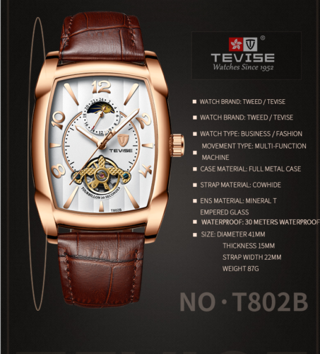 Swiss brand Tevise fashionable men's fully automatic mechanical wrist watch 802b