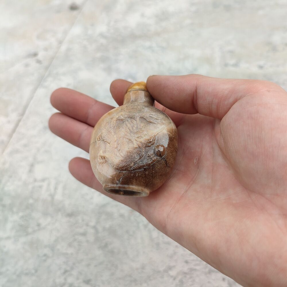 Chinese Dragon Statue Carved Shoushan Stone Snuff Bottle Yellow Multicolour Rare
