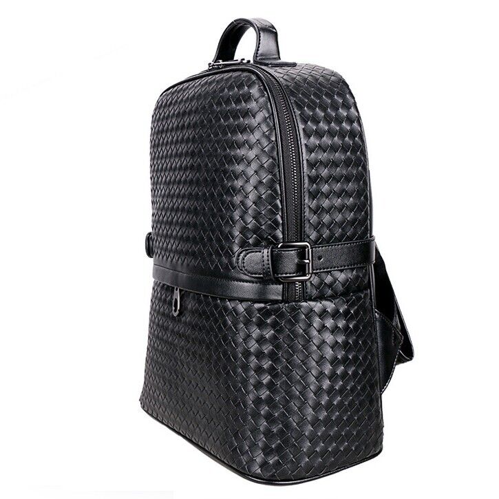 Top Real Leathe Handmade Weaving Men's Backpack Black Travel Bag School Rucksack