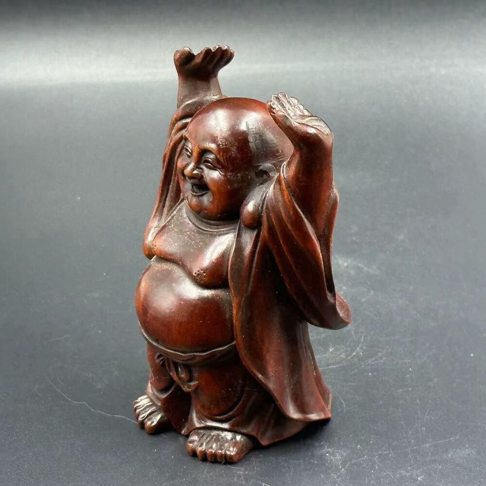 Chinese Vintage Boxwood Carving Laughing Buddha Statue Wooden Figurine Artwork