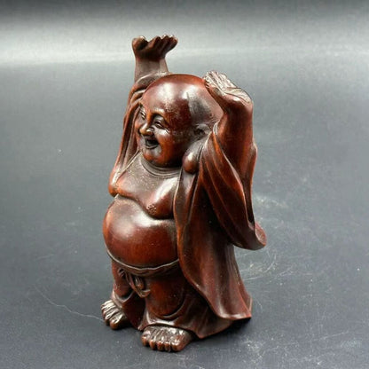 Chinese Vintage Boxwood Carving Laughing Buddha Statue Wooden Figurine Artwork