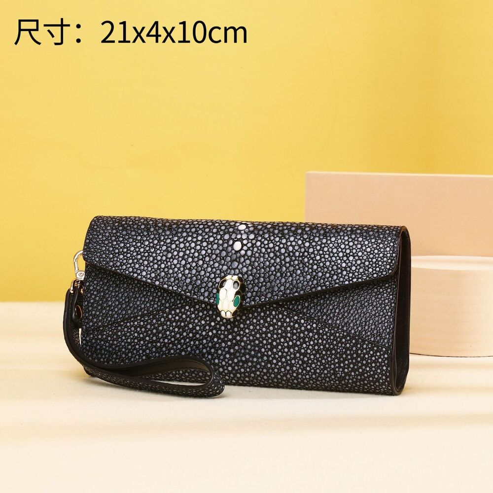 Real Leather Women's Clutch Bag, Desinger Pearl Fish Skin Pattern Long Wallets