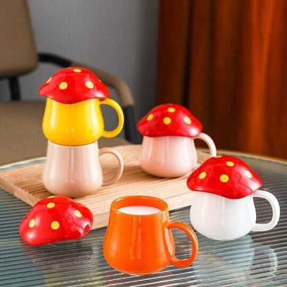 Ceramic Cute Mushroom Cup Personalized Breakfast Milk Cup with Lid 300 ml