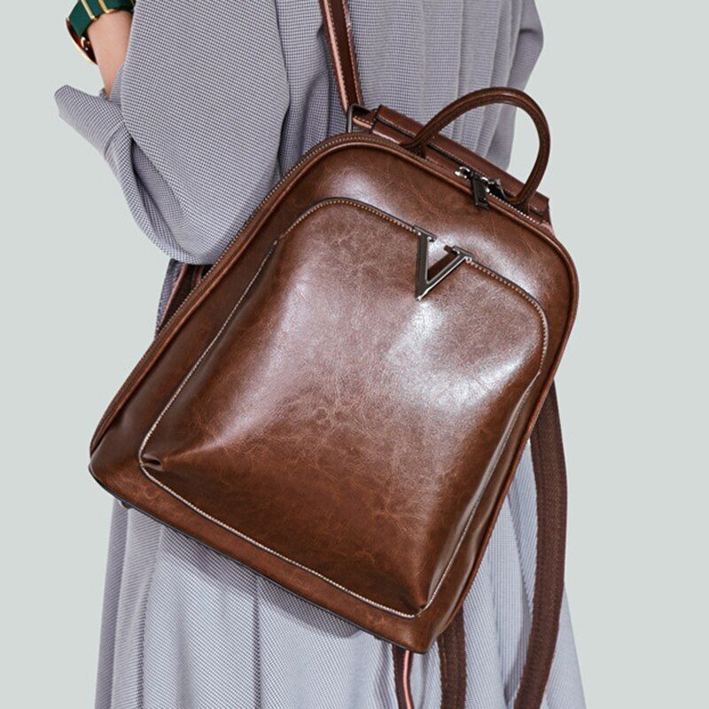 Oil Wax Genuine Leather Backpack Crossbody Shoulder Bags Cowhide School Daypack