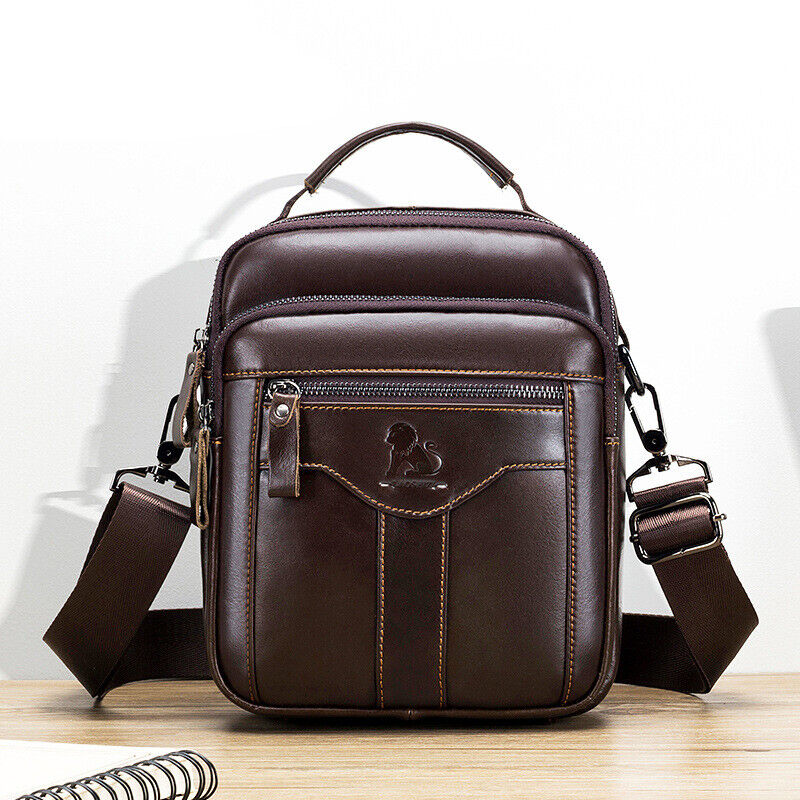 100% Genuine Leather Men's Sling Shoulder/Messenger Bag Double Zipper 8" Handbag