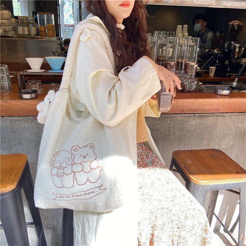 Women Soft Plush Tote Simple Warm Cloth Shopper Bags Handbag Shoulder Bag Purses