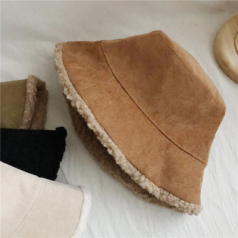 Women Winter Bucket Hat Warming Panama Cap Lady Fluffy Corduroy Double-Side Wear