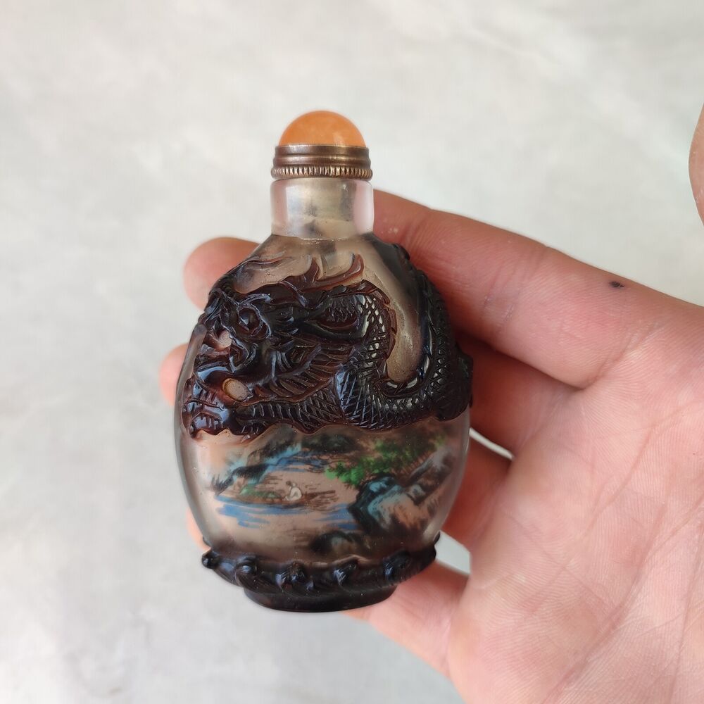 Chinese Carved Glass Snuff Bottle Inside Painting Dragon Sculpture Statue Rare