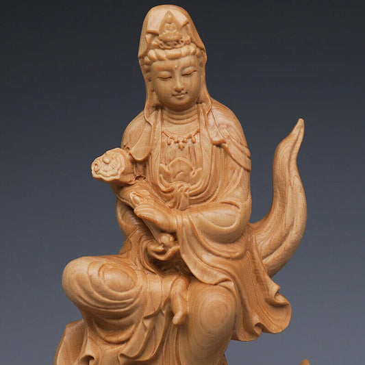 Wood Carving Flame Guanyin Decorative Statue Chinese Feng Shui Bedroom Figurines