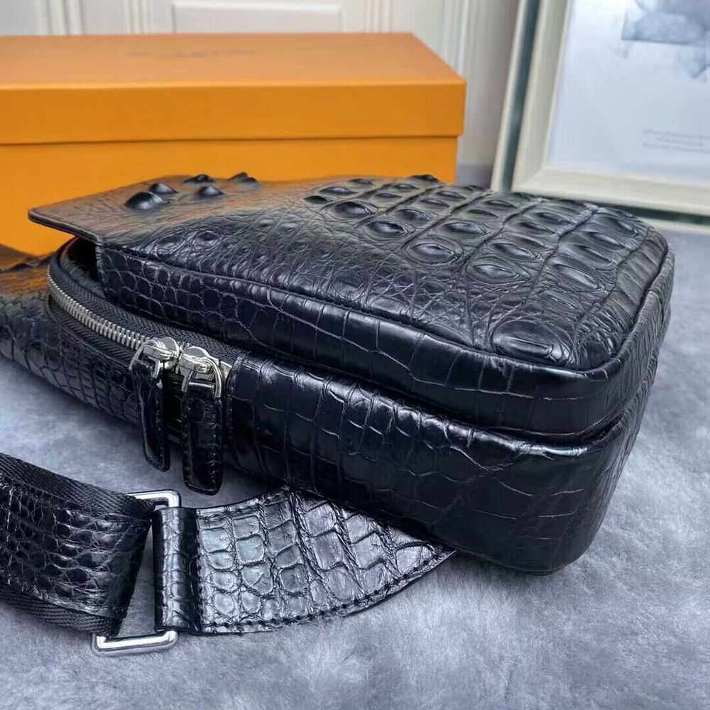 Original Crocodile Skin Leather Crossbody Bag, Men's Luxury Black Sling Backpack