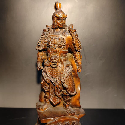 8" Boxwood wood carving Zhao Zilong statue home decor figurines fierce fighter