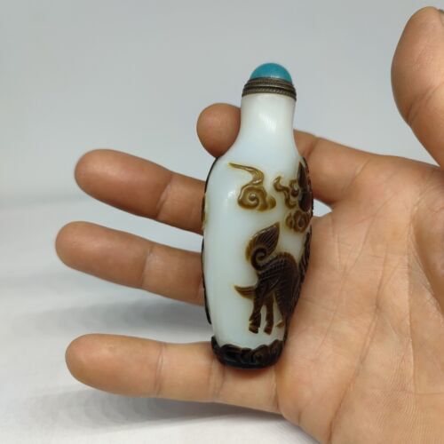 chinese carved kylin qilin statue peking glass snuff bottle Carving glazed rare