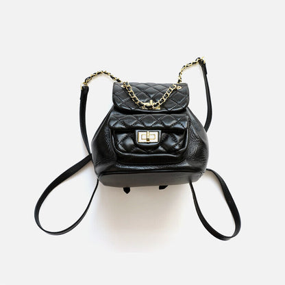 Small Mini Quilted Leather Backpack Drawstring Bucket Bag Flap Purse Chain Strap