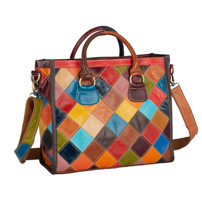 Genuine Cowhide Leather Colorful (random) Patchwork Handbag Women Tote Crossbody