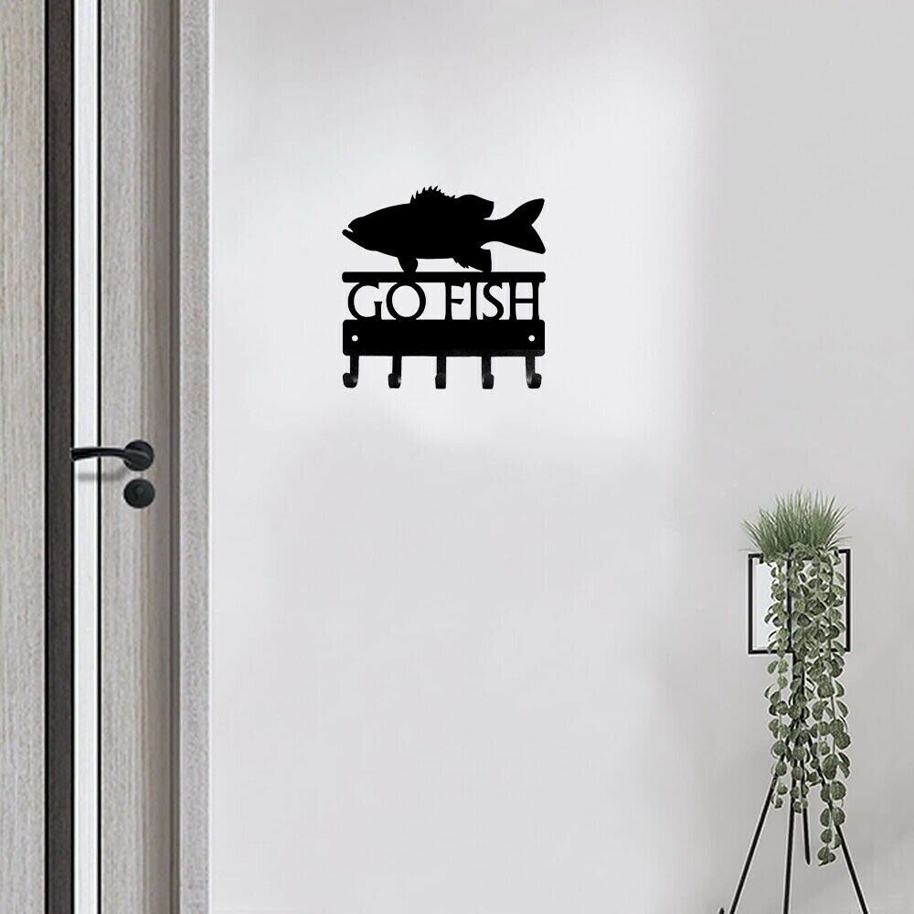 Wall Mounted Hook Up Go Fish Bass Key Rack Hanger Metal Pendant Wall Art Home