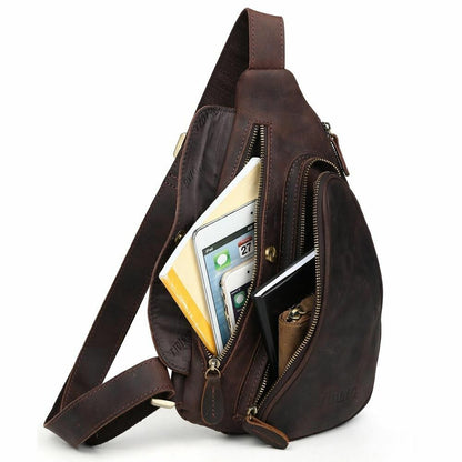 Men's Brown Real Leather Small Shoulder Sling Bag Sports Pouch Pack Cross Body