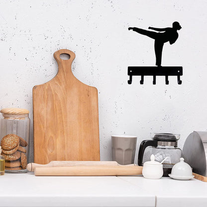 Karate Kick Female Sport - Key Hooks Holder - 6 inch/9 inch Wide Metal Wall Art