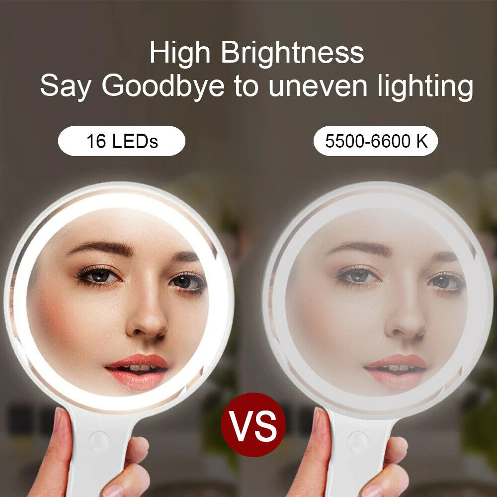 USB Makeup Mirror ABS+Glass LED Light Compact Handheld Vanity Round Touch Screen