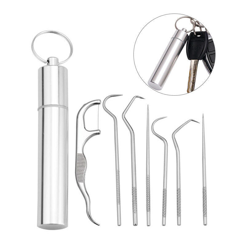 8pcs Portable Stainless Steel Metal Toothpick Bag Set Reusable with Hold-ca