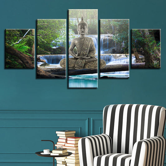 Buddha Meditation Statue Waterfall Scenery Canvas Prints Painting Wall Art Decor