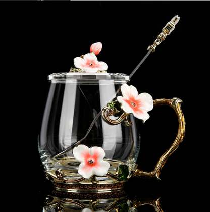 Enamel color water cup set with lid spoon crystal glass coffee cup tea cup