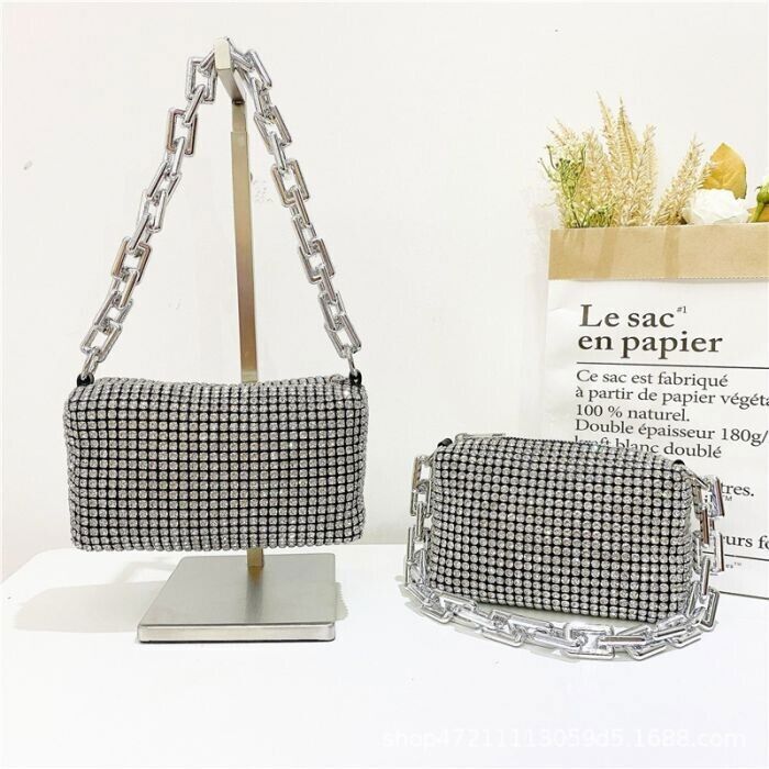 Woman' s Clutch With Thick Chain Handle Silver Full Crystal Jewelled Hand Bag