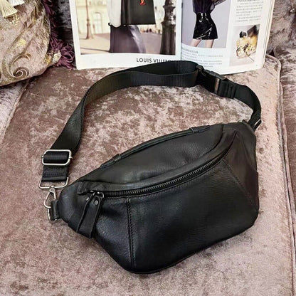 Black Men Real Cow Leather Waist Fanny Pack Sport Backpack Sling Crossbody Bags