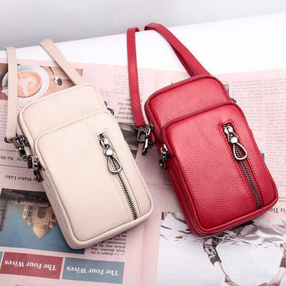 Leather Mobile Phone Bag Multi Zippers Adjustable Strap Shoulder Crossbody Bag