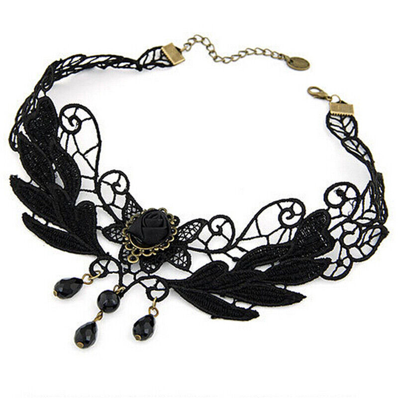 Women's Black Rose Teardrop Bead Pendant Lace Choker Lolita Collar NecklacY;US