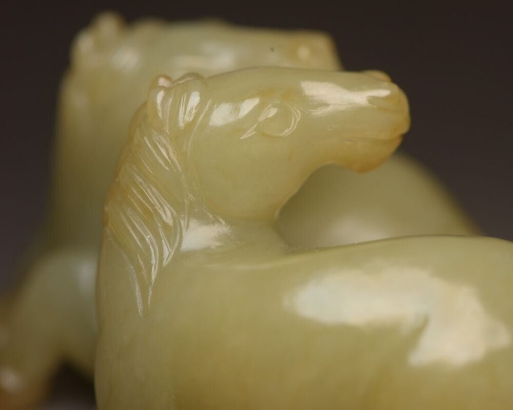 Chinese Natural Hetian Jade Carving Exquisite Pair Horse Statue Collectible Art