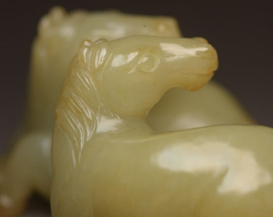 Chinese Natural Hetian Jade Carving Exquisite Pair Horse Statue Collectible Art