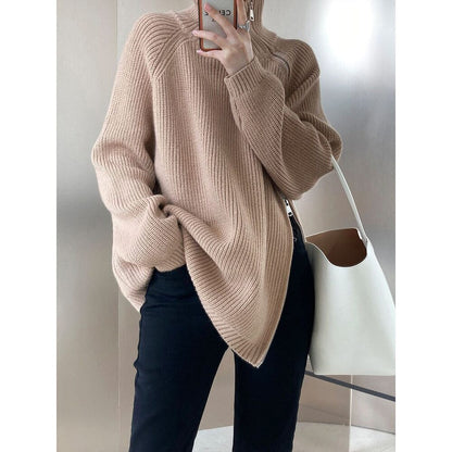 Women's Turtleneck Zipper Sweater Gray White Black High Neck Jumper
