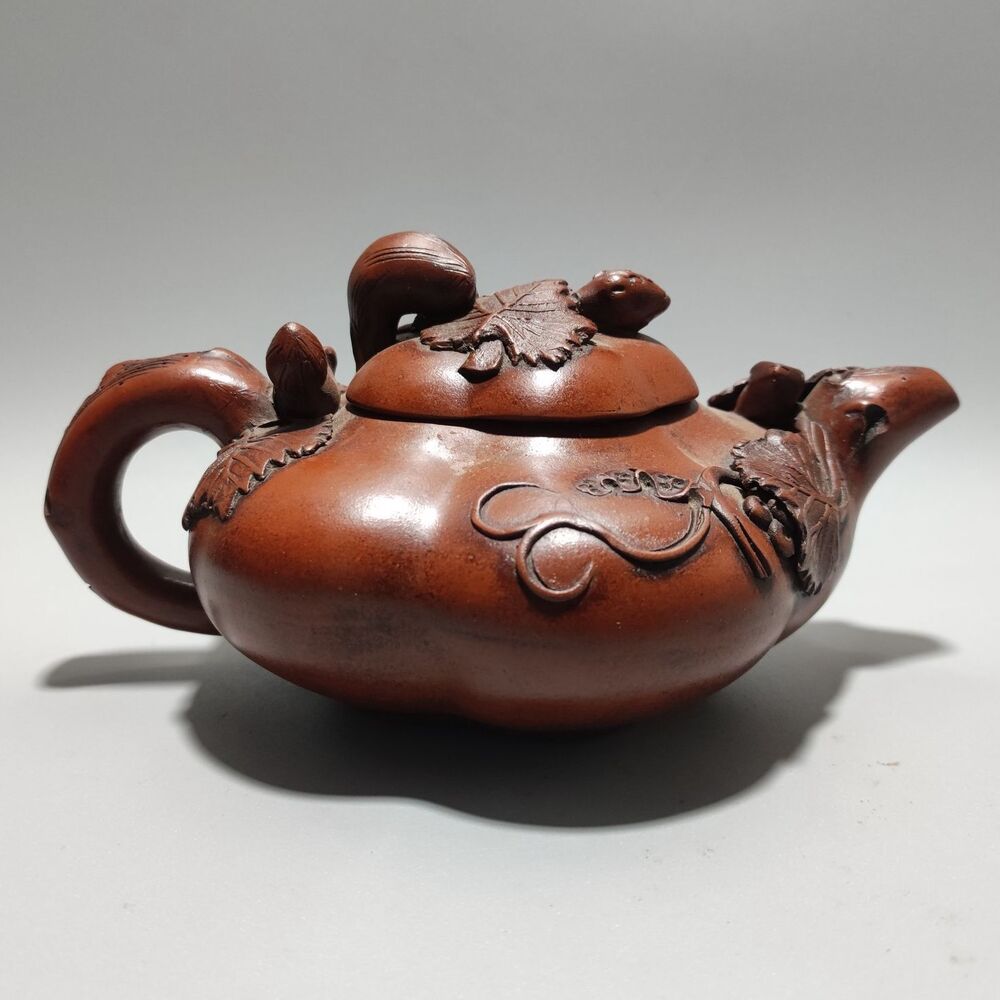 Vintage Chinese Yixing Purple Clay Teapot Zisha Ceremony Carving Squirrel Grape