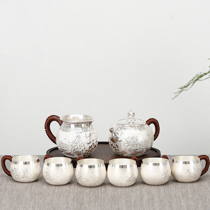 Sterling Silver Tea Set Stove Kettle Tea Pot Tea Cups Handmade Wealth Blooms Set