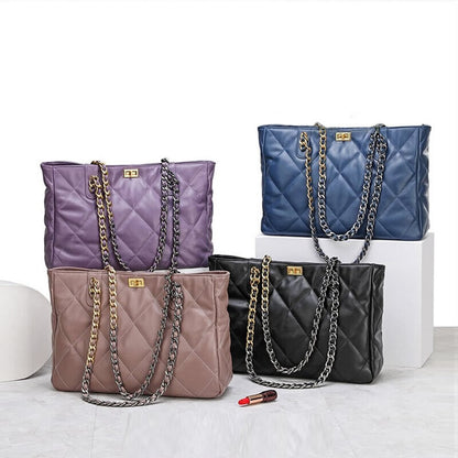 Quilted Sheepskin Leather Shoulder Bag Tote Handbag w/ Chains Purse Fashion